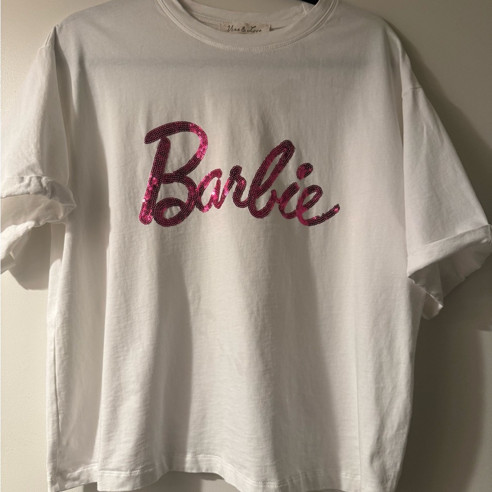 Barbie Sequin White and Pink Women's T-Shirt